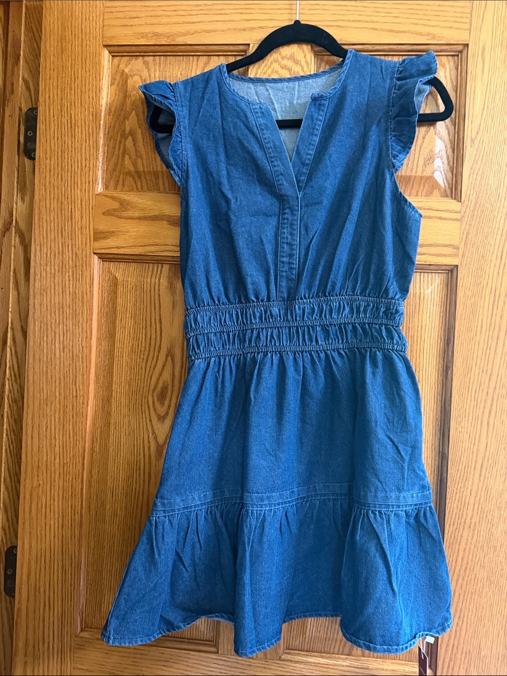 Girls Blue Denim Ruffle Sleeve Dress